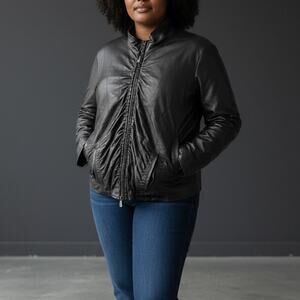 Elegant Black Ruched Bomber Jacket